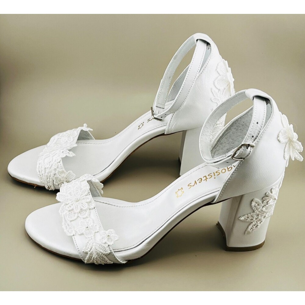 Magosisters Women's EU 39 White Lace Leather Sandals Heels Wedding Floral Pearls